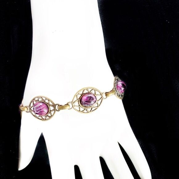 Vintage Banana Bob Victorian style ox gold open work amethyst cabashon bracelet - Picture 2 of 8